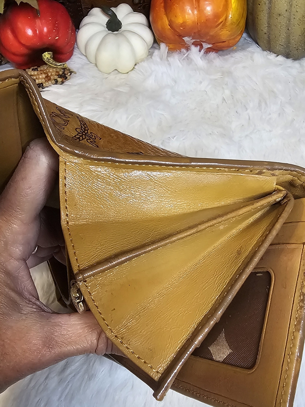 MCM Cognac Logo Wallet with Light Blue and White Stripe - Picture 16 of 16